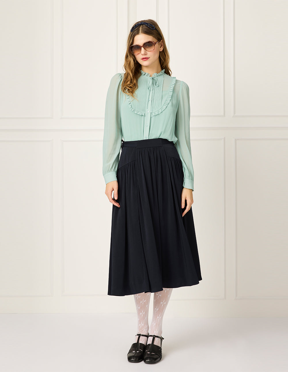 BORA AKSU Round Ruffle Tuxedo Collar Puff Long Sleeve Silk Blend Blouse