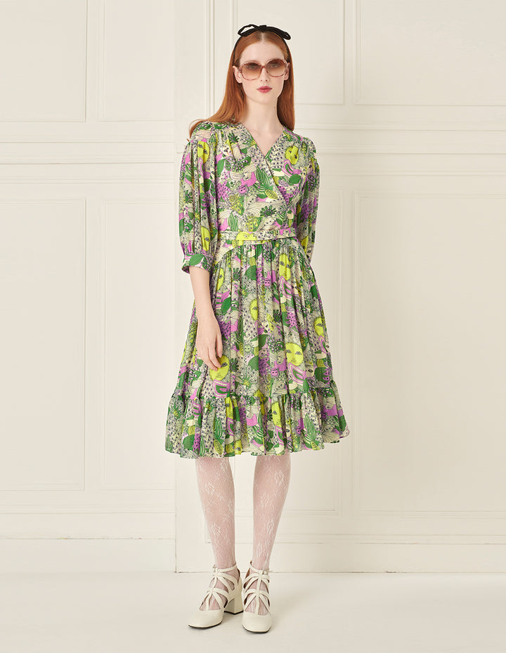 BORA AKSU Puff Sleeve V-Neck Printed Dress