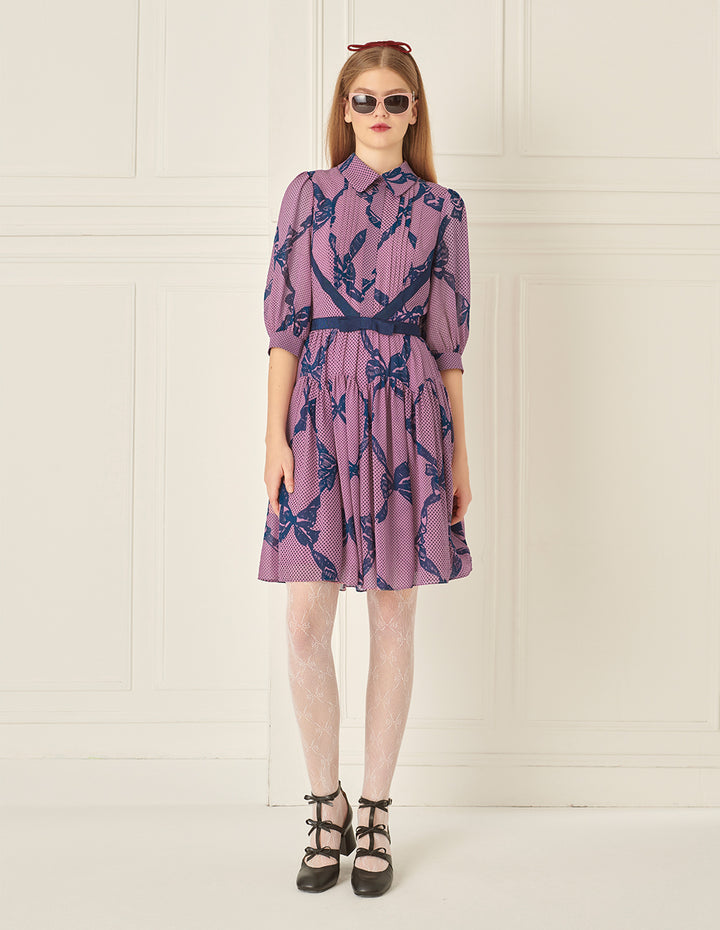 BORA AKSU Puff Sleeve Shirt Collar Bow Print Dress