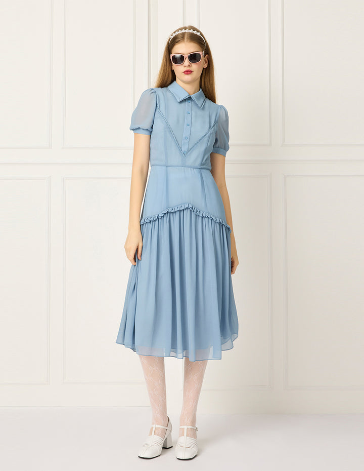 BORA AKSU Collared Puff Short Sleeve Ruffled-Trim Pleated Midi Dress