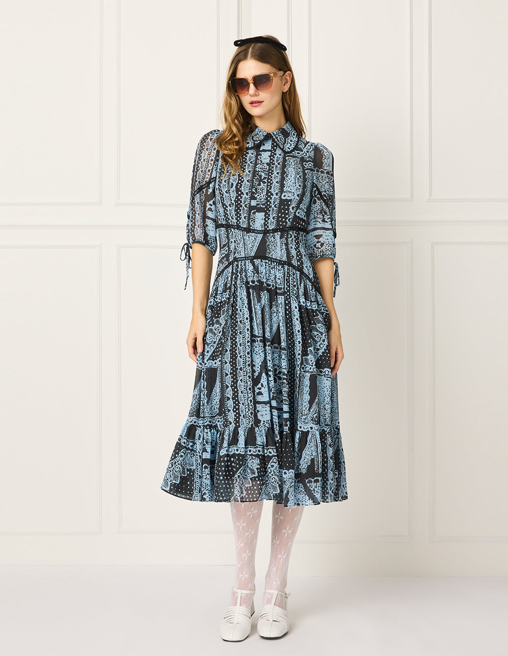 BORA AKSU Puff-Sleeve Silk Floral Print Pleated Midi Dress