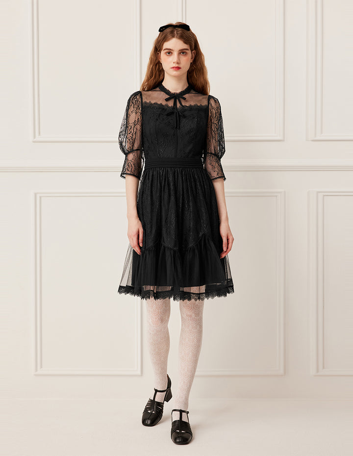 BORA AKSU Ruffled Round Neck Sheer Lace Long Sleeve Midi Dress