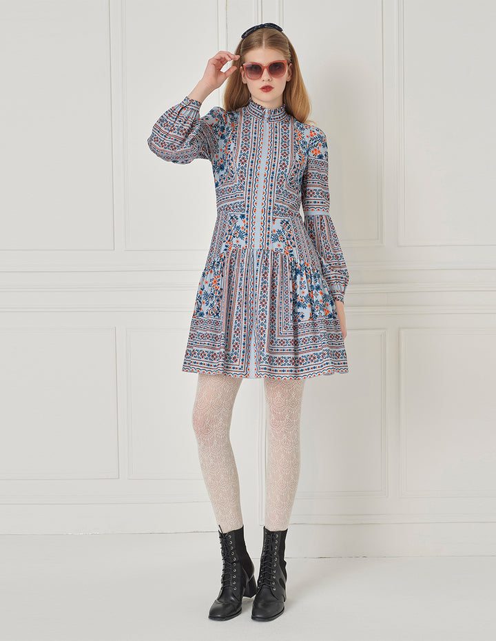 BORA AKSU Ruffle-Collar Puff Long-Sleeve Printed Pleated Midi Dress
