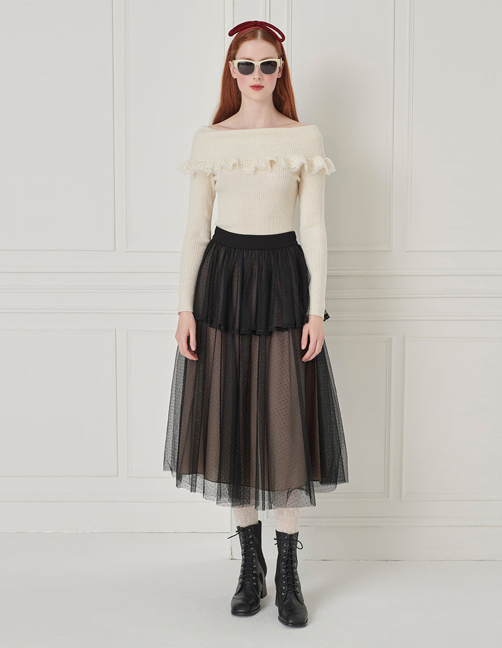 BORA AKSU Polka Dot Mesh Overlay Pleated Midi Skirt