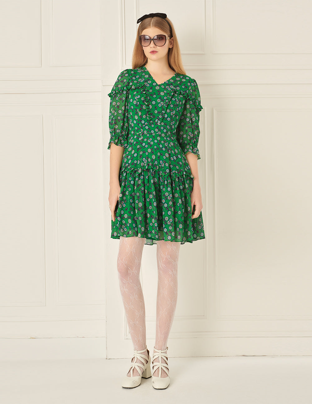 BORA AKSU French V-Neck Pleated Puff Sleeve Printed Dress