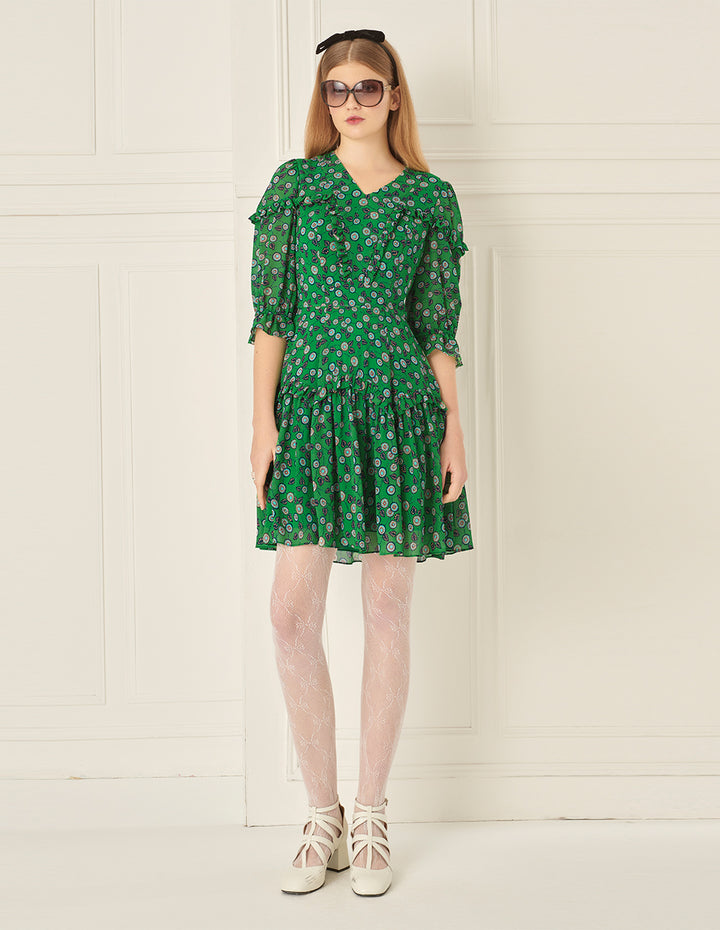 BORA AKSU French V-Neck Pleated Puff Sleeve Printed Dress
