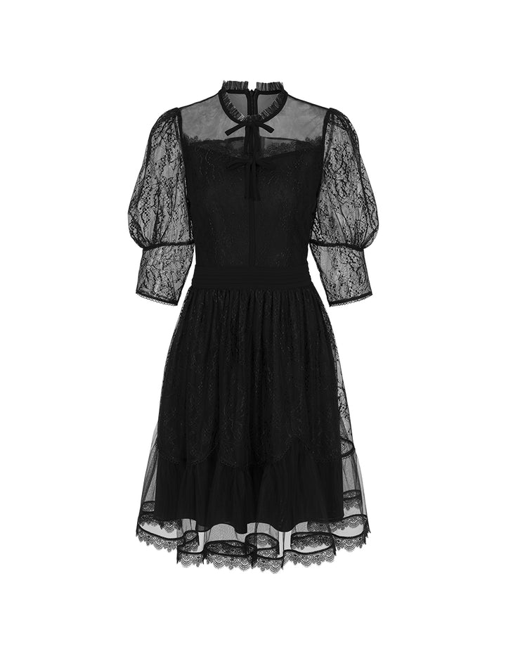 BORA AKSU Ruffled Round Neck Sheer Lace Long Sleeve Midi Dress