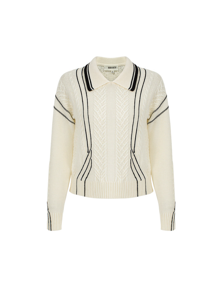 BORA AKSU Full Wool Cable Knit Lapel Long Sleeve Pullover