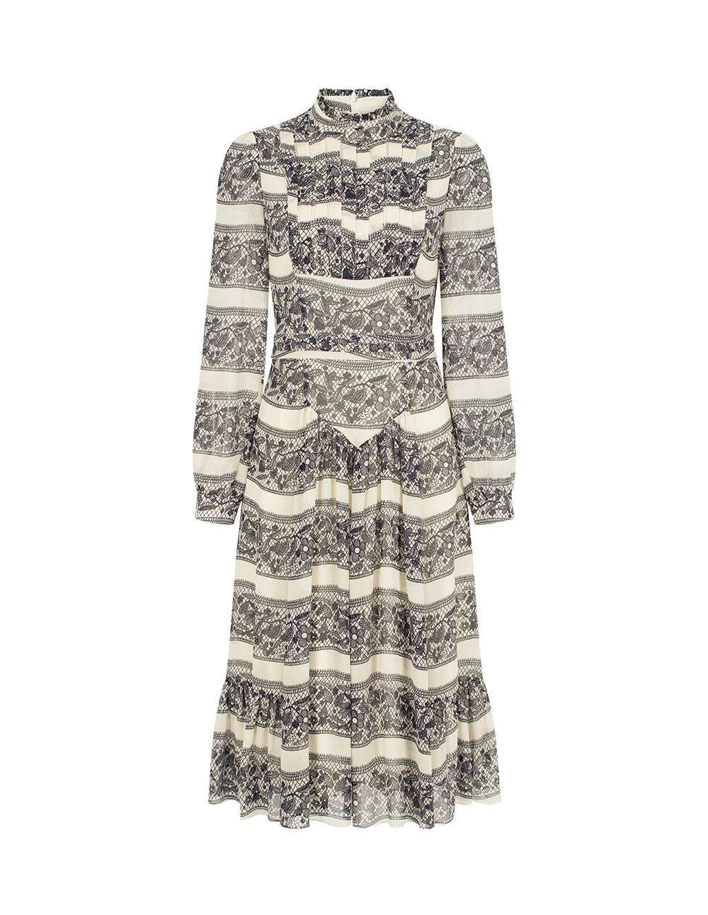 BORA AKSU Ruffle Stand Collar Pin-Tuck Lace-Floral Embroidery Print Puff Long-Sleeve Empire-Waist Pleated Midi Dress