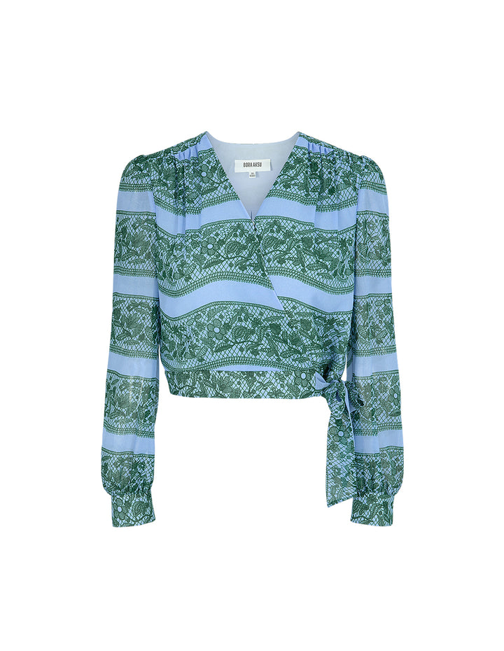 BORA AKSU V-Neck Puff Long-Sleeve Floral & Striped Printed Wrap Top