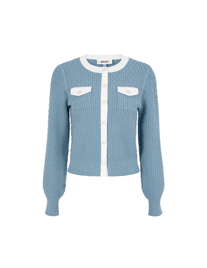 BORA AKSU Round Neck White Stripe Trim 3D Crochet Long Sleeve Knit Cardigan