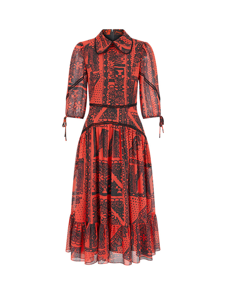 BORA AKSU Peter Pan Collar Bubble 1/2 Sleeve Print Pleated Midi Dress