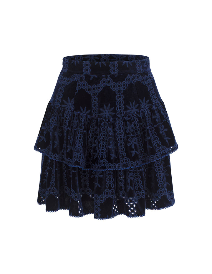 BORA AKSU Navy Blue Jacquard Print Double Layer Velvet A-Line Skirt