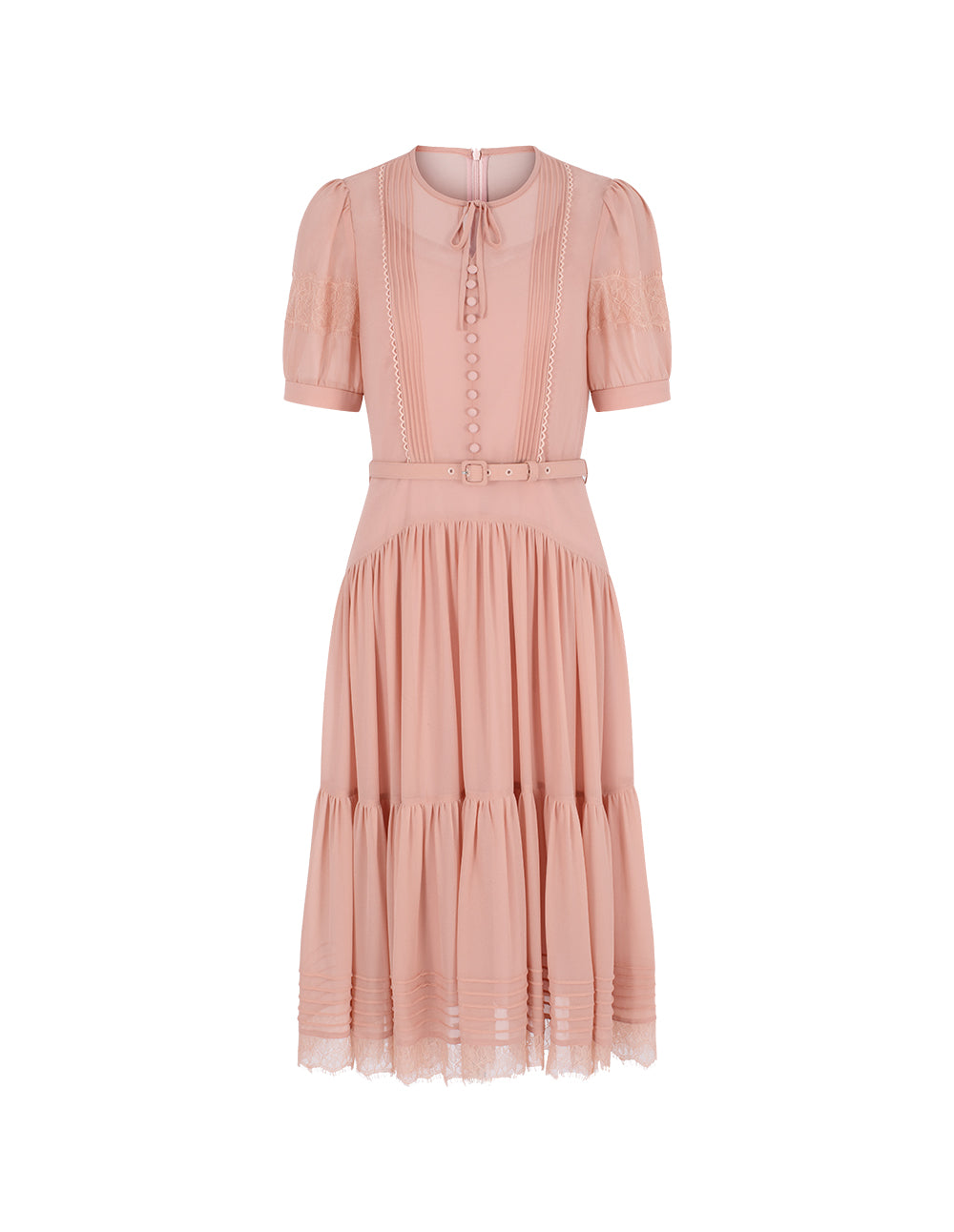 BORA AKSU Round Neck Pin Tuck Tulle Puff Short Sleeve A-Line Flounce Midi Dress