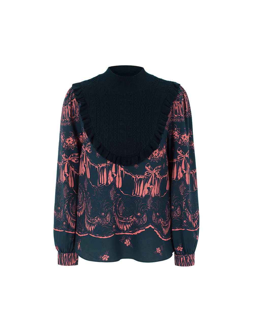 BORA AKSU Semi-High Neck Wool Knit Patchwork Print Top