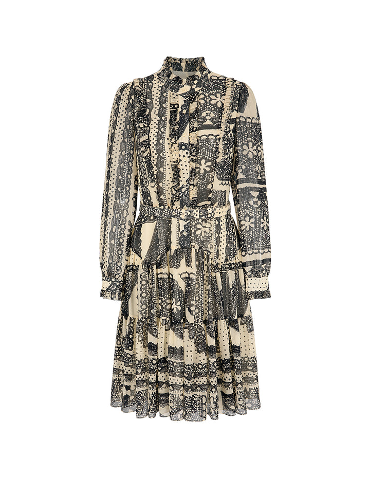 BORA AKSU Bubble Sleeve Mandarin Collar Printed Pleated Midi Dress