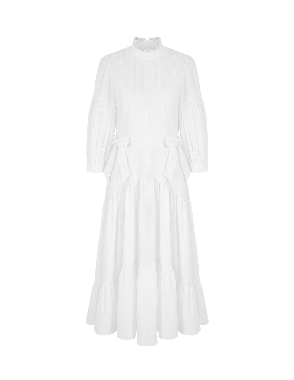 BORA AKSU Lace Stand Collar Puff Sleeve Pleated Midi Dress