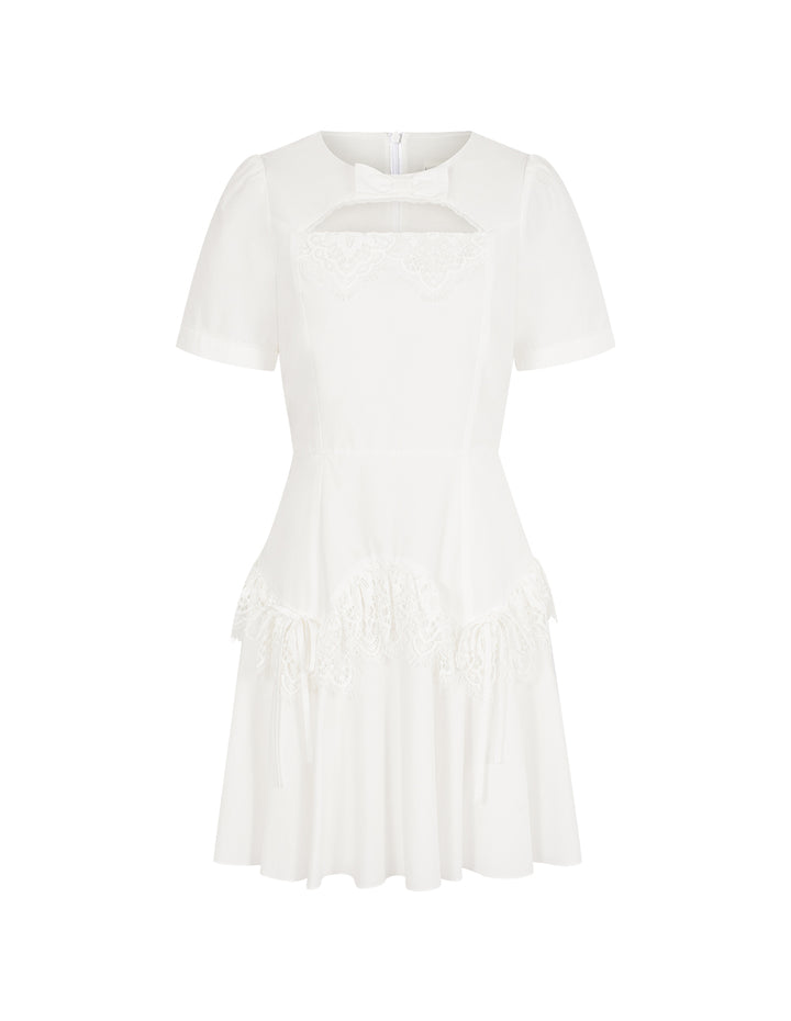 BORA AKSU Round Neck Puff Short-Sleeve Hollow Lace Trim Pleated Midi Dress