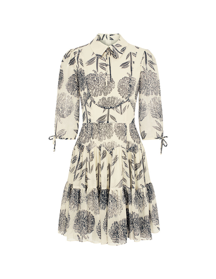 BORA AKSU Collar Sheer Dahlia Print Pleated Flounce Midi Shirt Dress