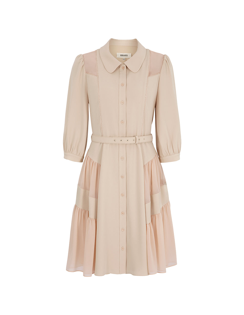 BORA AKSU Puff Sleeve Paneled Pleated Belt Dress