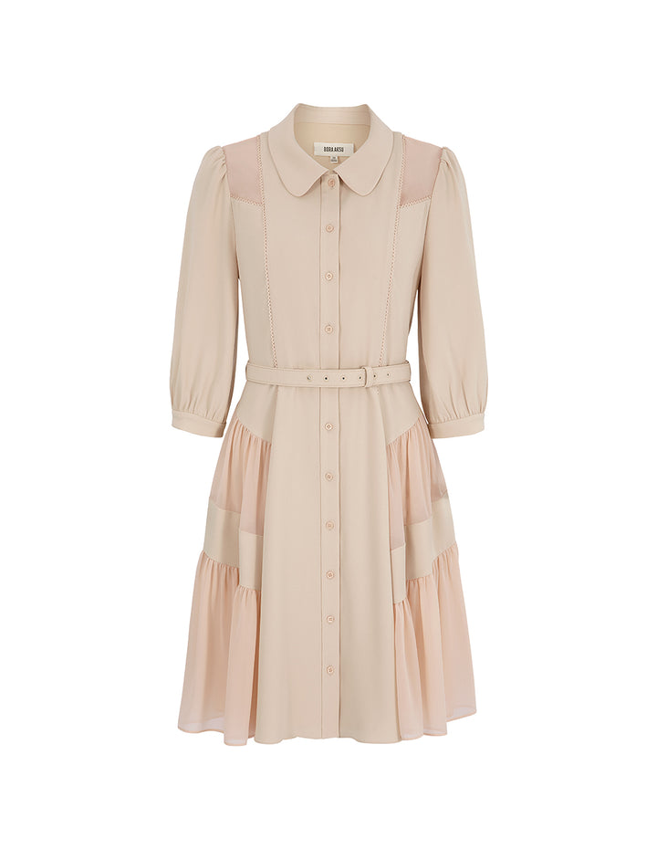 BORA AKSU Puff Sleeve Paneled Pleated Belt Dress