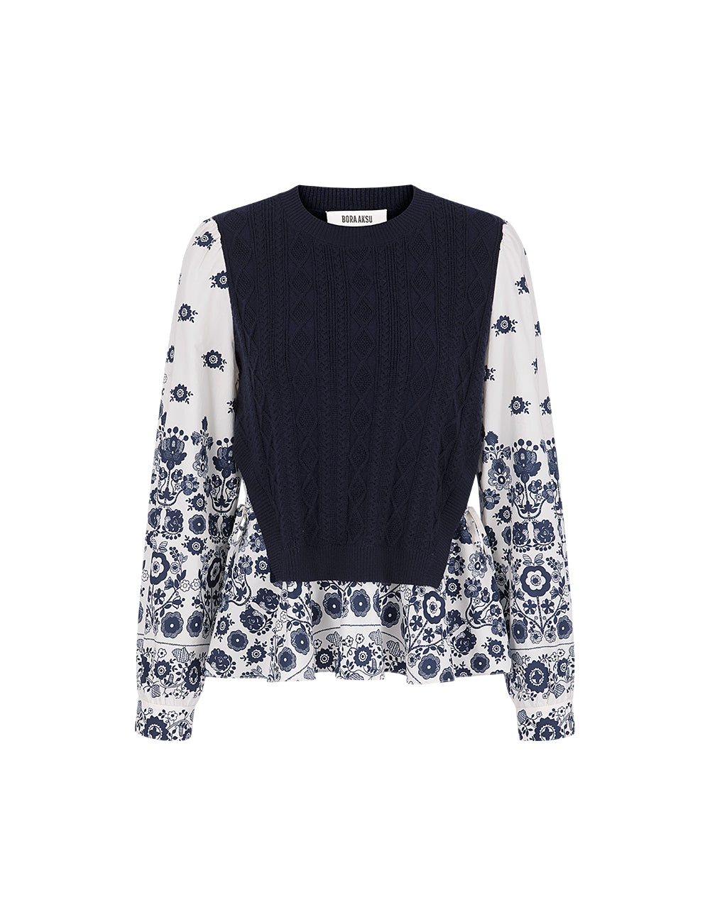 BORA AKSU French Round Collar Knitted Splicing Printed Flower Top