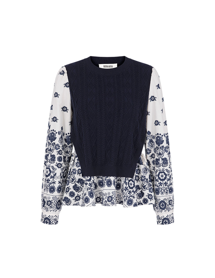 BORA AKSU French Round Collar Knitted Splicing Printed Flower Top