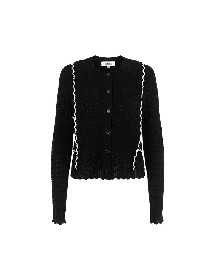 BORA AKSU Round Neck Long Sleeve Openwork White Stripes Knit Cardigan