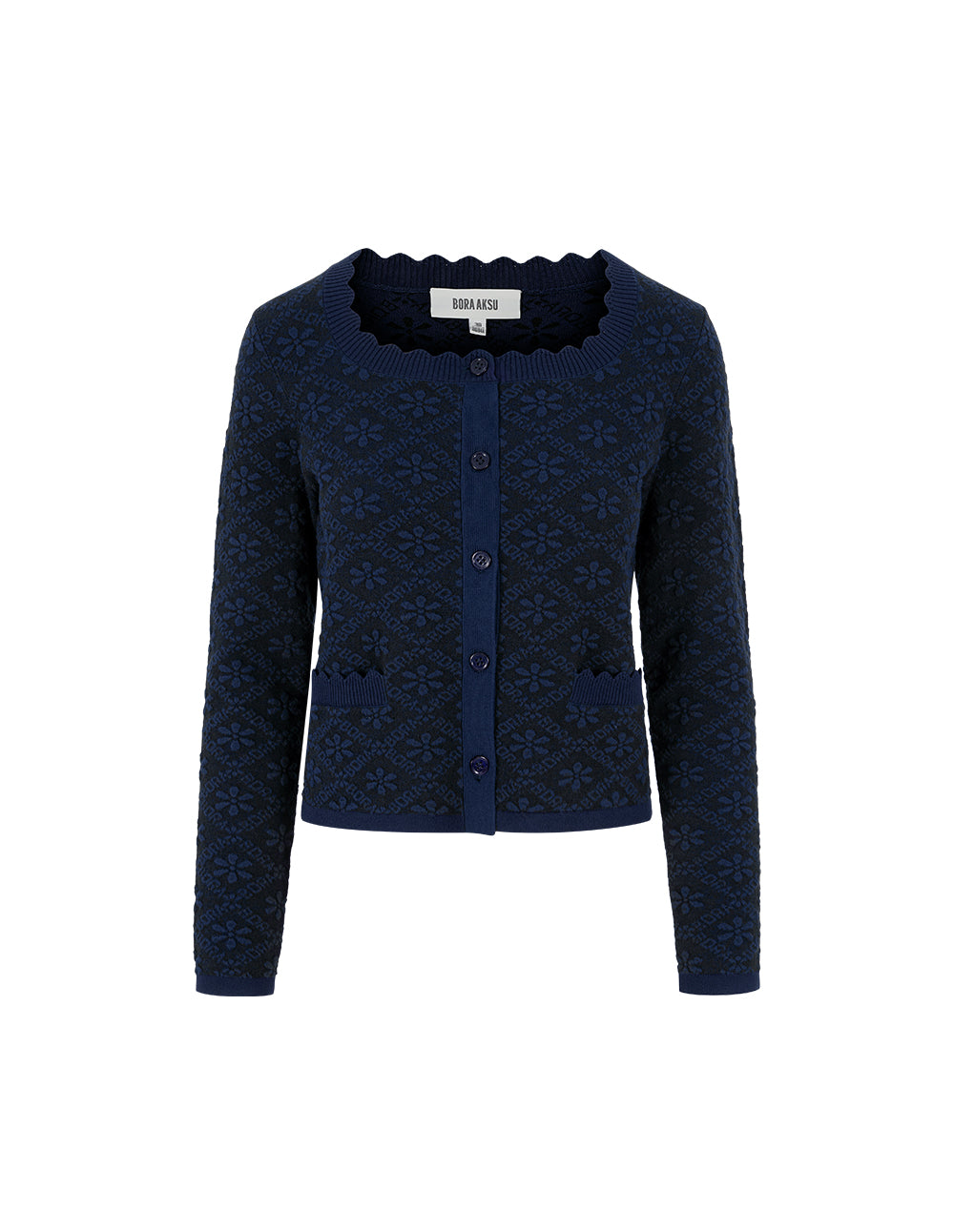 BORA AKSU Square Ruffle-Collar Floral Print Long-Sleeve Knit Cardigan