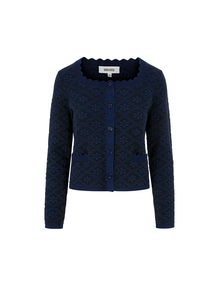 BORA AKSU Square Ruffle-Collar Floral Print Long-Sleeve Knit Cardigan