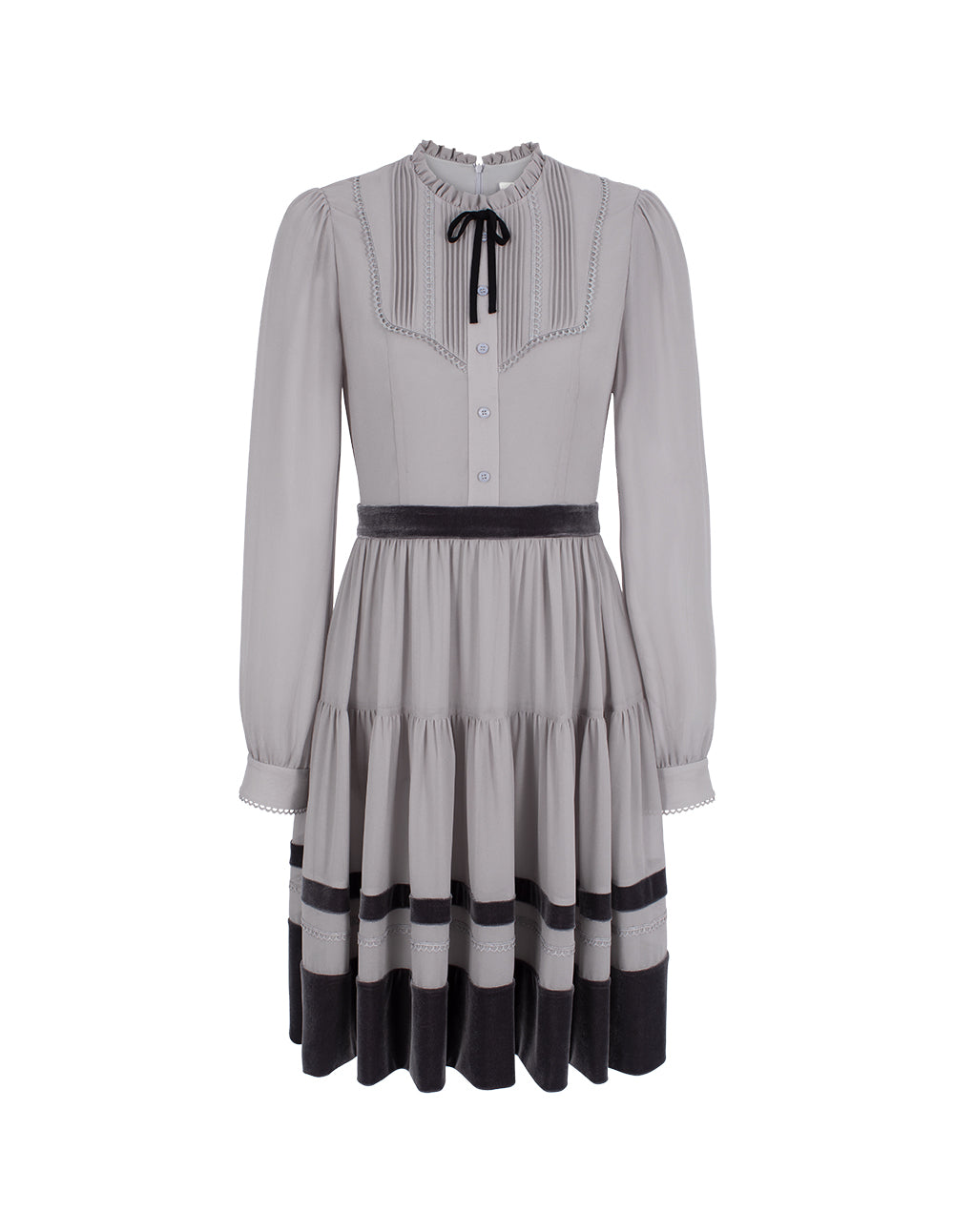 BORA AKSU Ruffled Round Neck Long Sleeve Pin-Tuck Velvet Trimmed Midi Dress