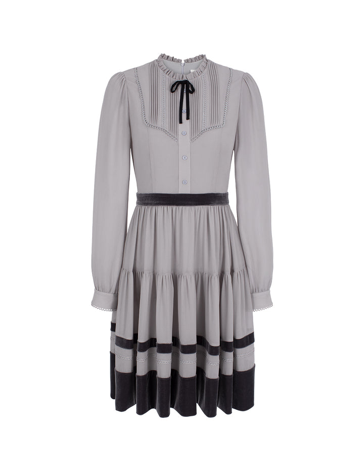 BORA AKSU Ruffled Round Neck Long Sleeve Pin-Tuck Velvet Trimmed Midi Dress