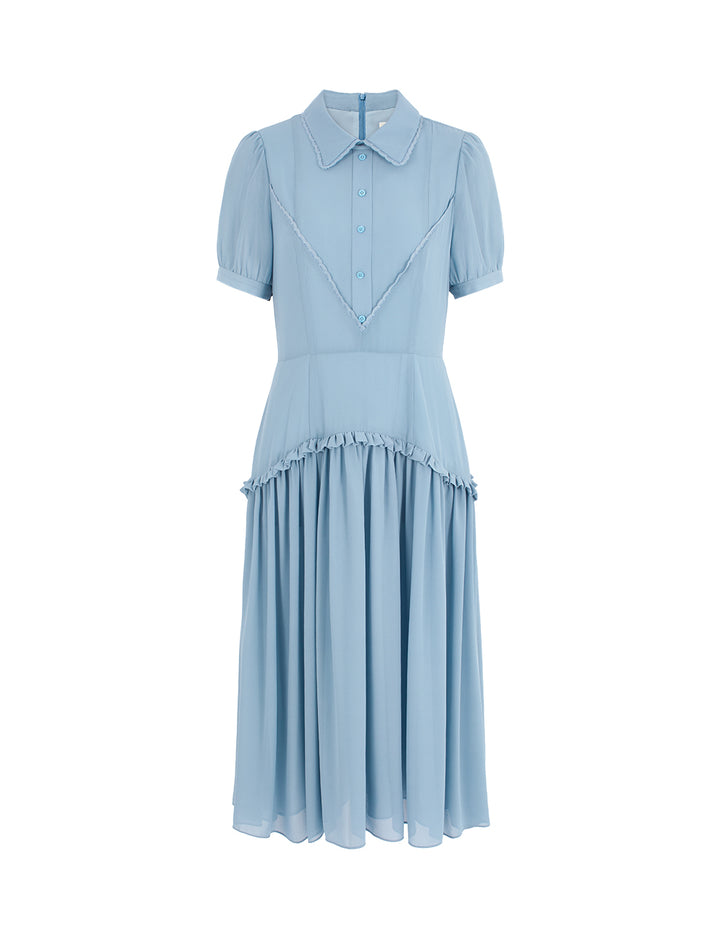 BORA AKSU Collared Puff Short Sleeve Ruffled-Trim Pleated Midi Dress