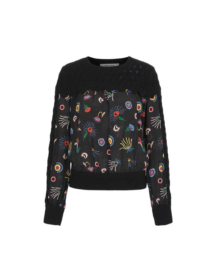 BORA AKSU Crew Neck Silk Patchwork Printed Wool Knitted Sweater