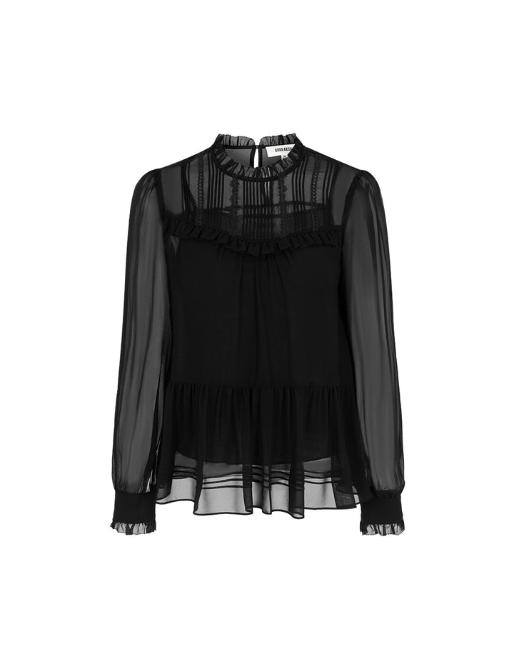 BORA AKSU Ruffled Round Neck Sheer Black Long Sleeve Silk Blouse