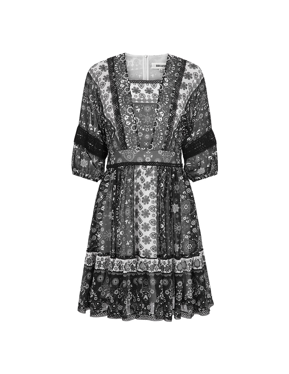 BORA AKSU Retro Square Neck Bat Sleeve Printed Dress