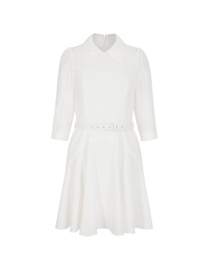 BORA AKSU Peter Pan Collar Puff Sleeve Waist-Tie Pleated Midi White Dress