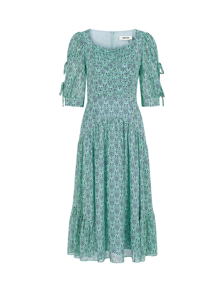 BORA AKSU Diamond Collar Puff Short-Sleeve Empired Print Midi Dress