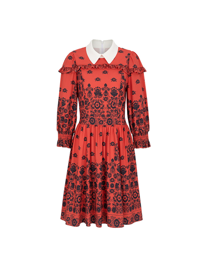 BORA AKSU Peter Pan Collar Long Bubble Sleeve Ruffle Floral Print Dress