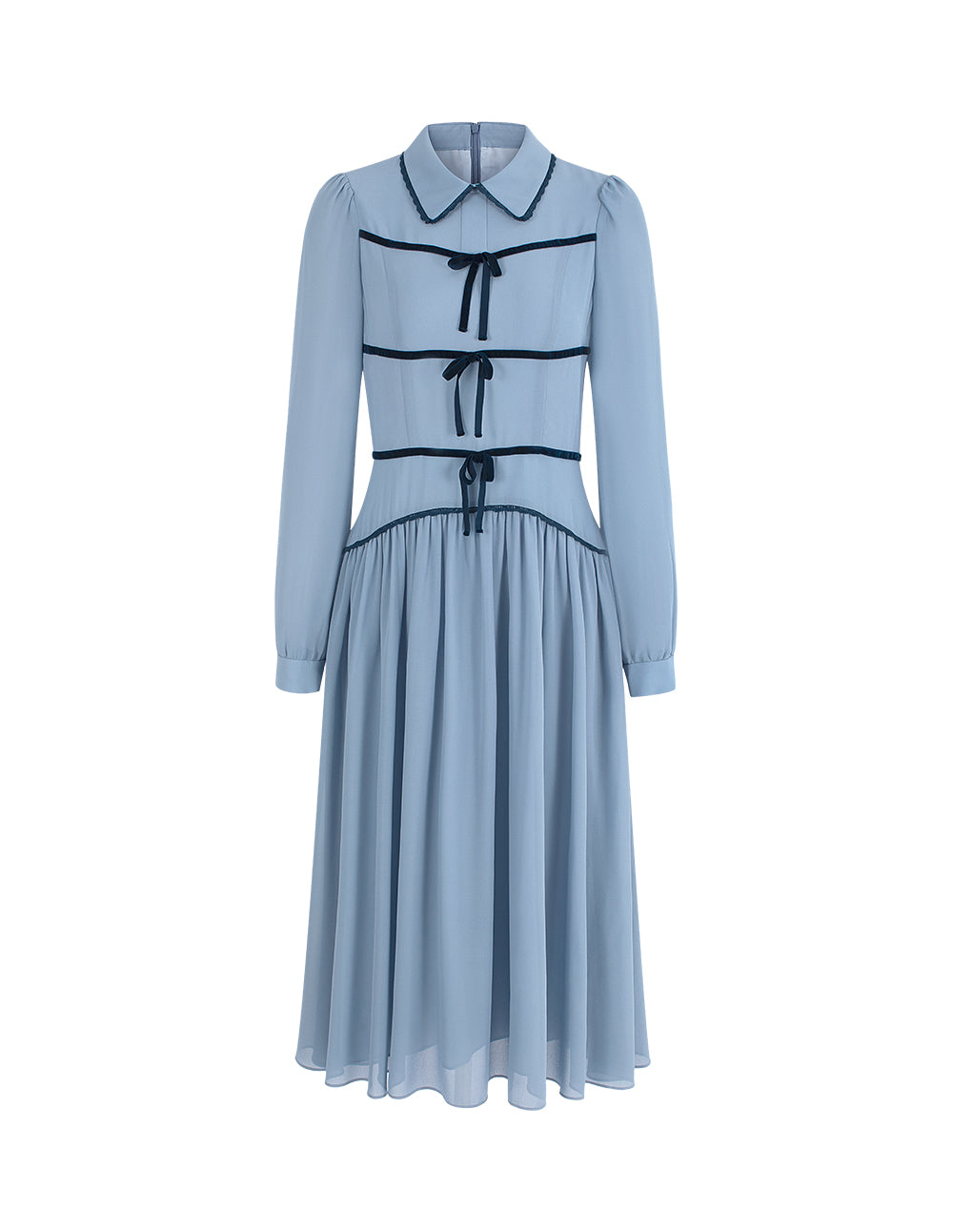 BORA AKSU Collared Bow Bubble Sleeve Pleated Midi Dress