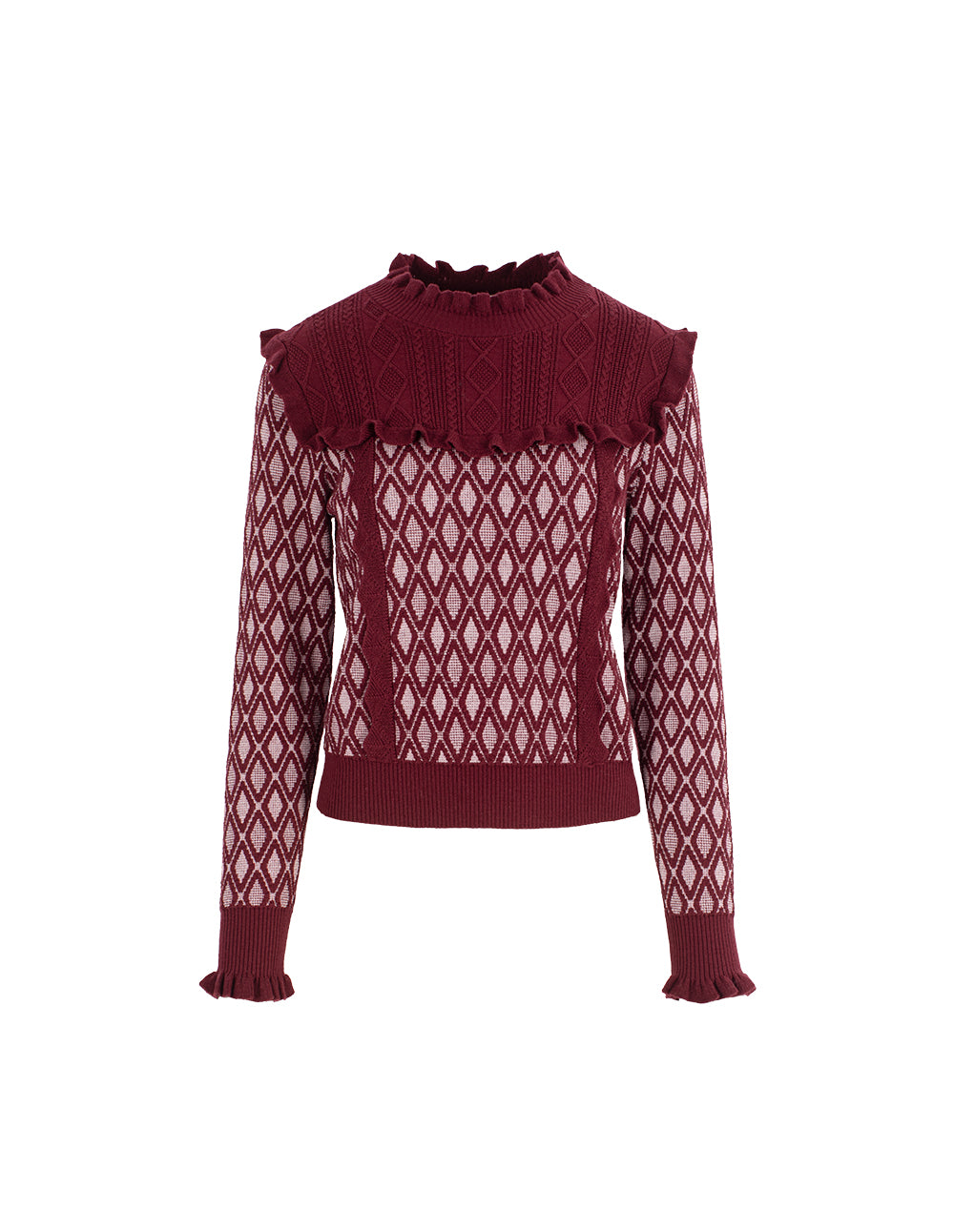 BORA AKSU Ruffled Turtleneck Cape Patchwork Double-Layer Diamond Pattern Knit Pullover