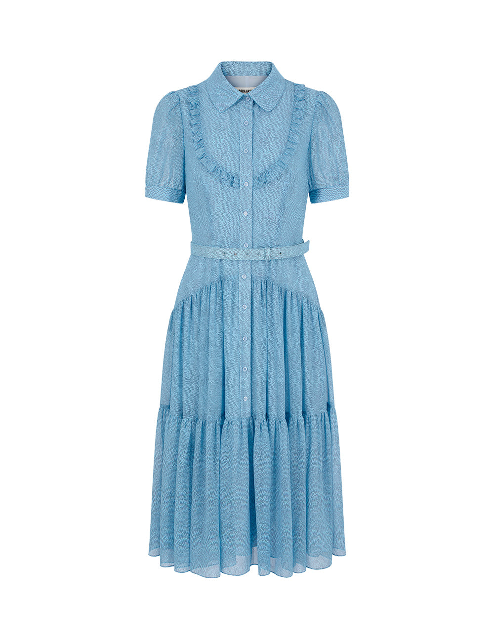 BORA AKSU Peter Pan Collar Ruffle Trim Puff Short Sleeve Waist-Tie Pleated Midi Dress
