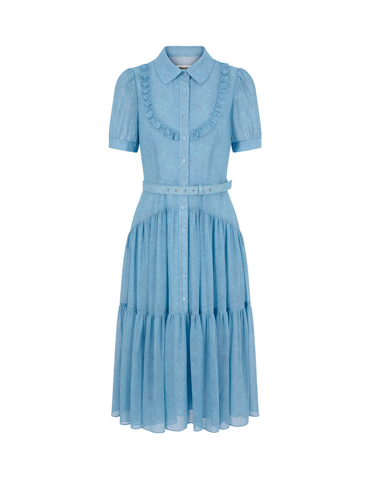 BORA AKSU Peter Pan Collar Ruffle Trim Puff Short Sleeve Waist-Tie Pleated Midi Dress