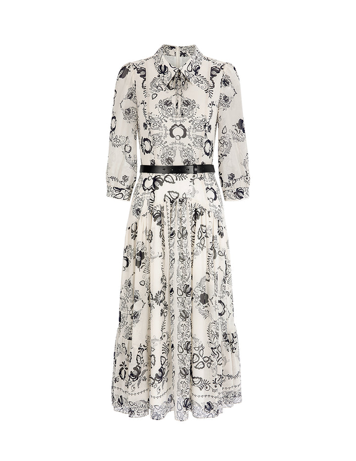 BORA AKSU Puff Sleeve Pleated Line Drawing Print Dress