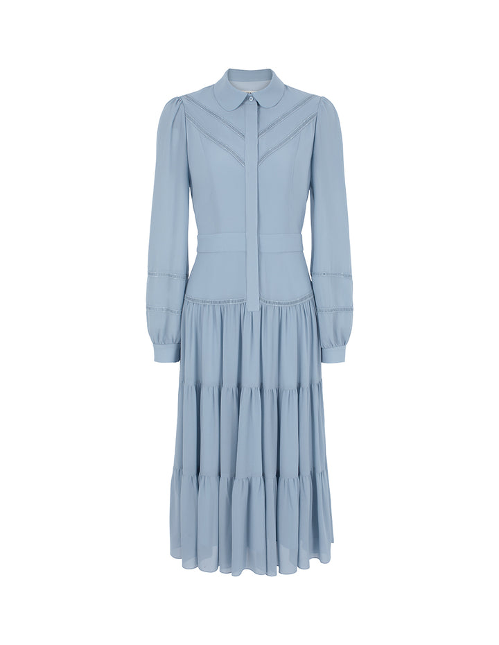 BORA AKSU Layered Ruffle-Trim Long Sleeve Pleated Midi Shirt Dress