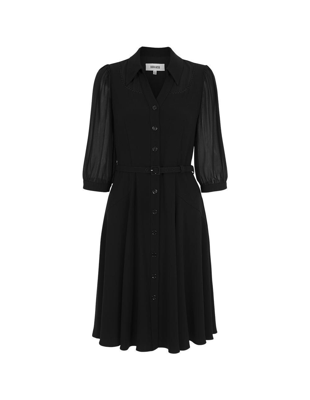 BORA AKSU V-Neck Sheer Three-Quarter Bubble Sleeve Belted Midi Shirt Dress