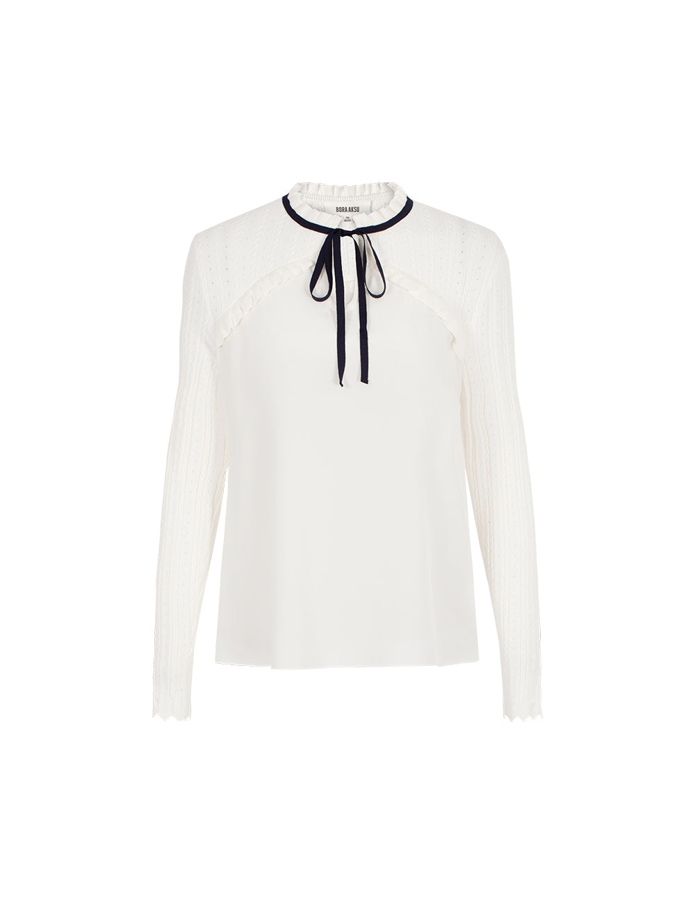 BORA AKSU Knitted Ruffled Round Neck Long Sleeve Patchwork Silk Blouse