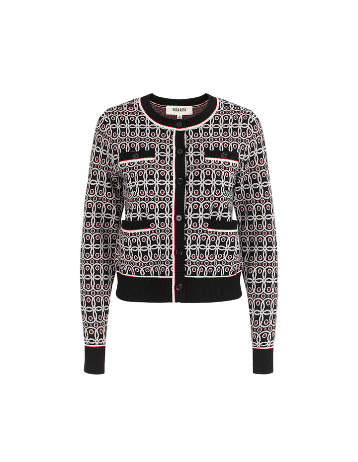 BORA AKSU Round Neck Long Sleeve Polka Dot Wool Knit Cardigan with 4 Pockets