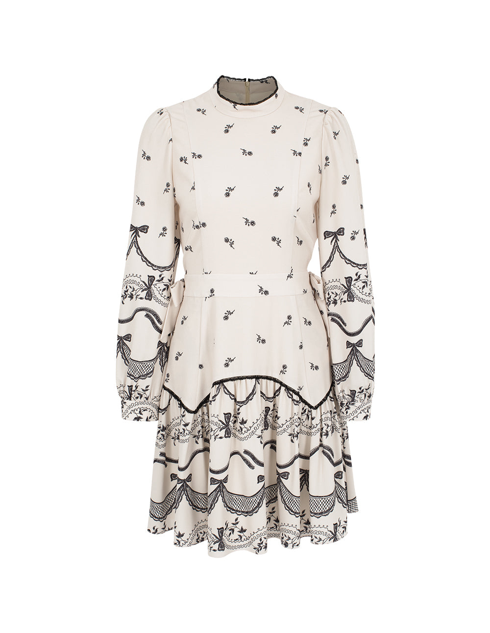 BORA AKSU Ruffled Mandarin Collar Floral Print Long Puff Sleeve Midi Dress