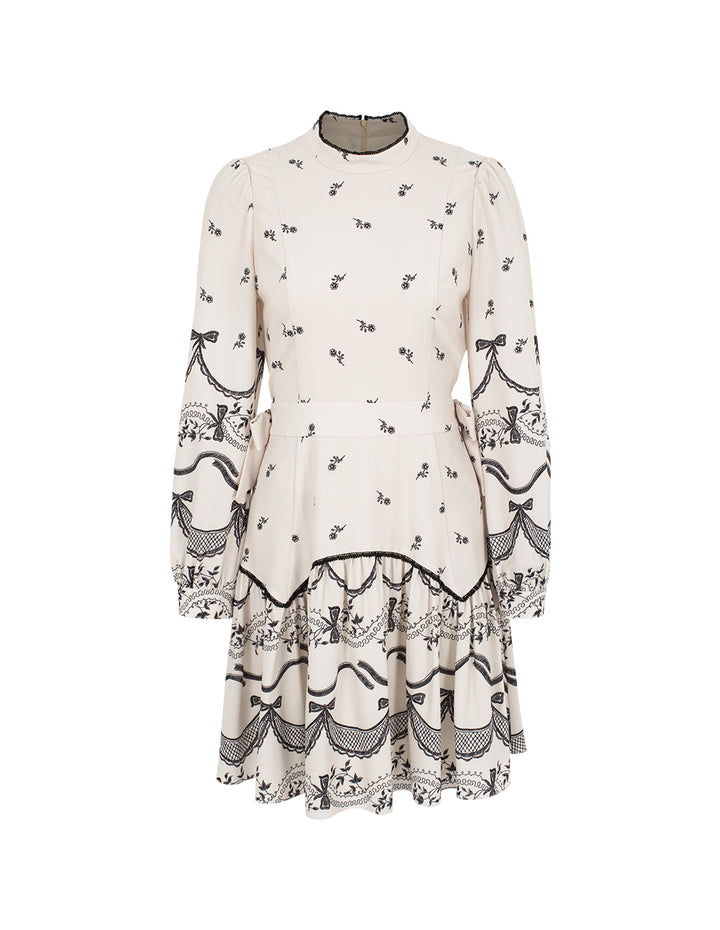 BORA AKSU Ruffled Mandarin Collar Floral Print Long Puff Sleeve Midi Dress